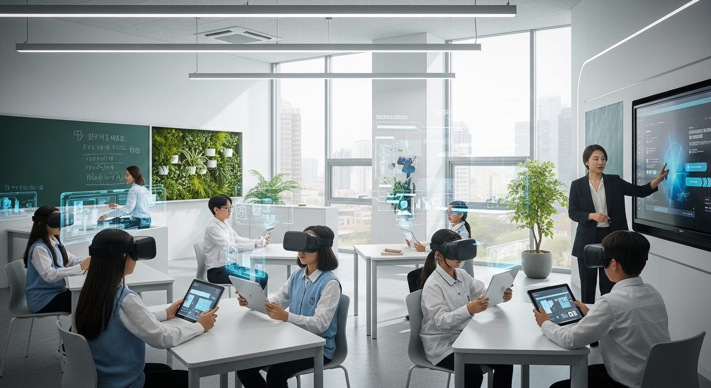 2025년 한국의 스마트 교실에서 학생들이 태블릿, 홀로그램 등 첨단 기술을 활용하여 능동적으로 학습하고 있는 모습