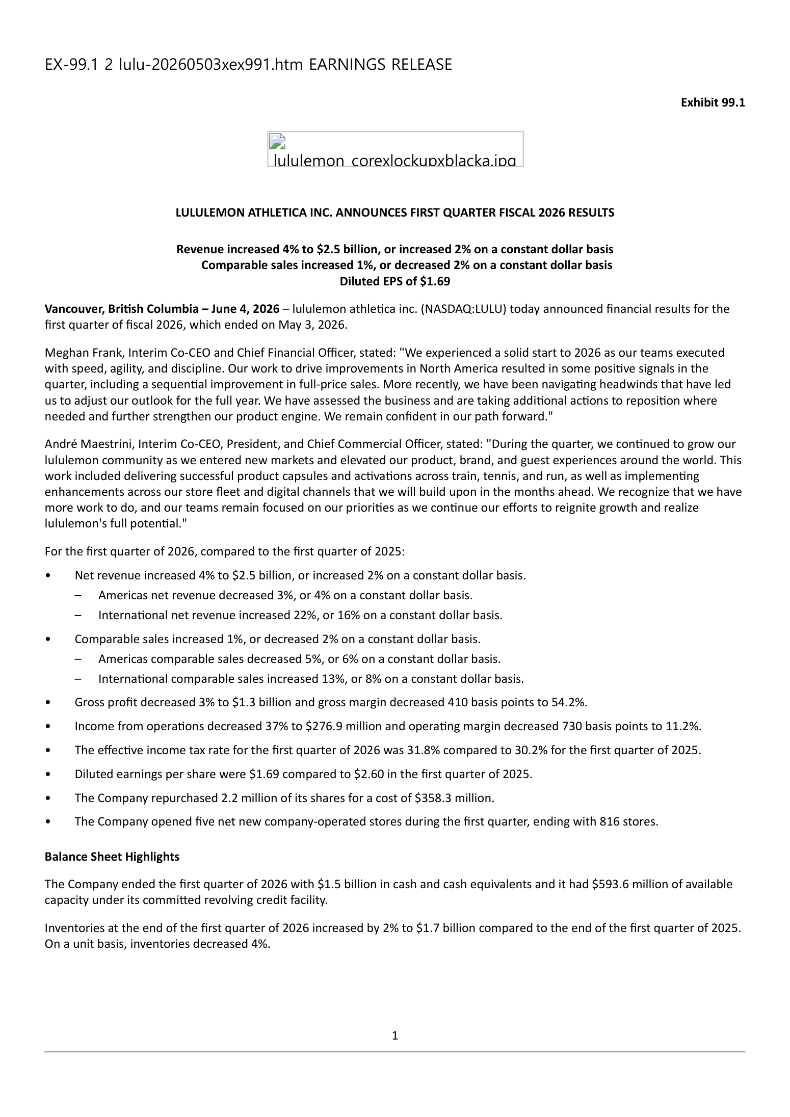 lululemon (LULU) Q1 fiscal 2026 earnings release, first page