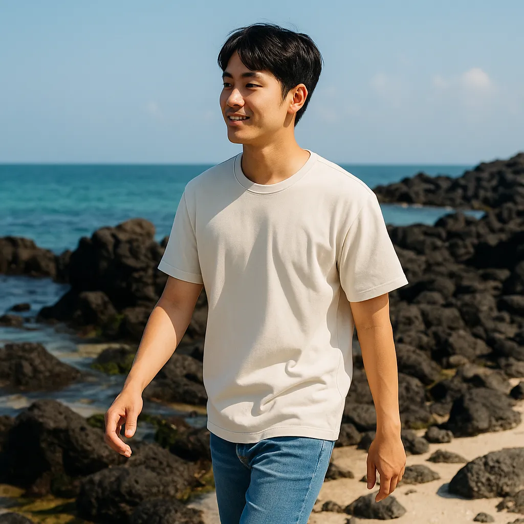 제주 바닷가에서 걷는 남성의 여름 풍경
