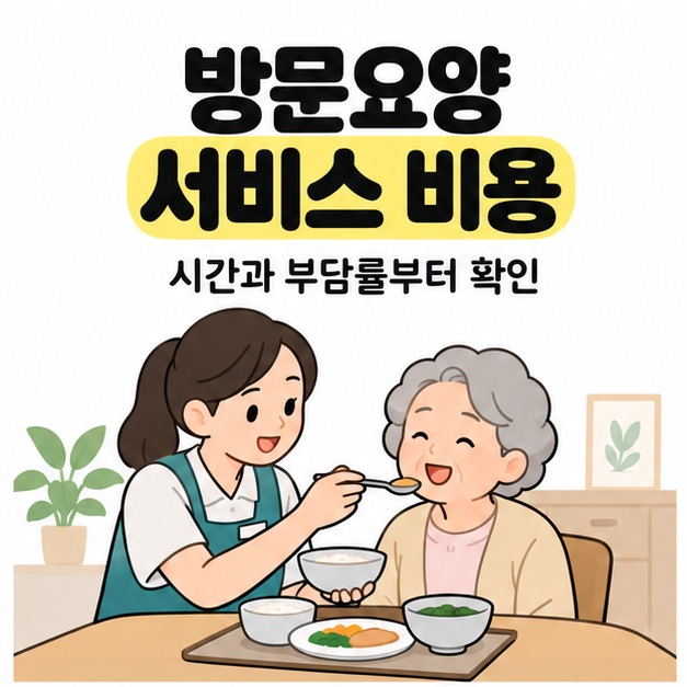 방문요양 서비스 비용 제목과 시간과 부담률부터 확인 문구 아래에서 요양보호사가 식탁에 앉은 어르신의 식사를 돕고 있다.