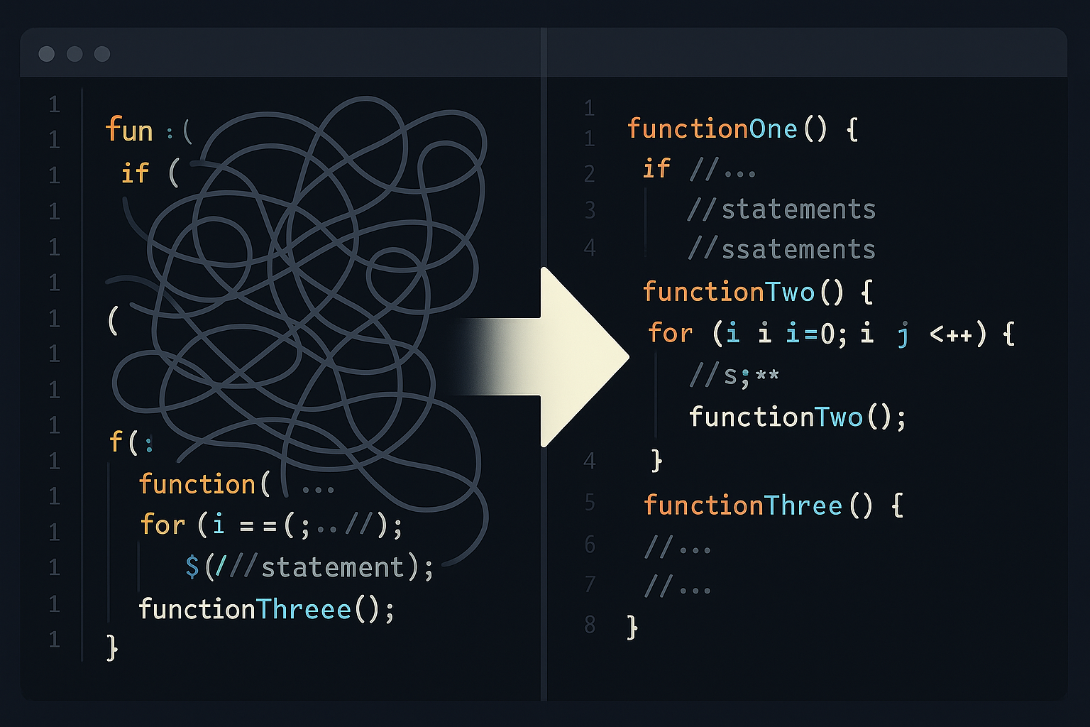 리팩토링 전후 코드 비교 다이어그램 - 복잡한 코드에서 깔끔한 코드로의 변화