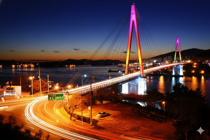돌산대교 야경 및 진모지구 방향 이정표