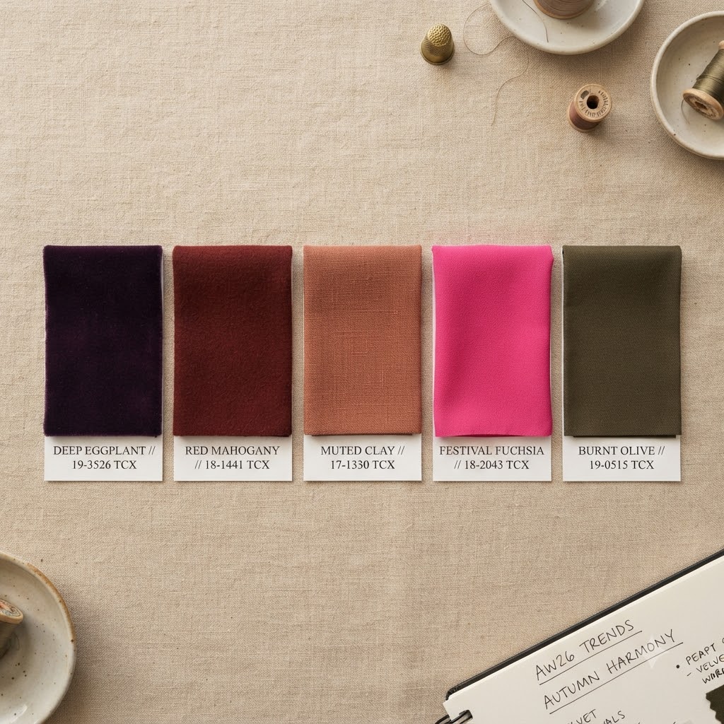 A flat lay color palette swatch board showing autumn 2026 fashion colors including deep eggplant purple, red mahogany, muted clay terracotta, festival fuchsia pink, and burnt olive green, fabric swatches arranged neatly on a beige background, soft studio lighting, editorial fashion trend board style
