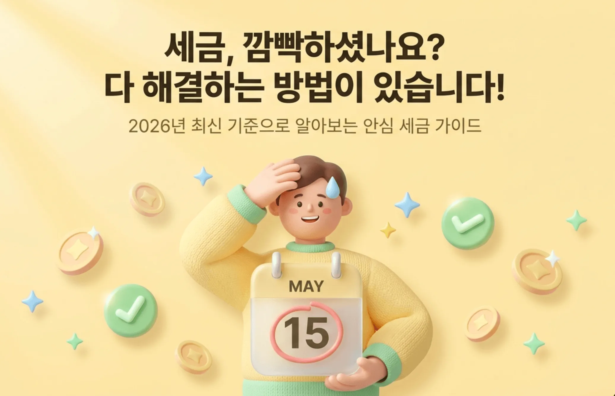 세금체납 가산세 압류: 세금 깜빡하셨나요 다 해결하는 방법이 있습니다라는 문구와 함께 5월 15일 달력을 들고 당황하는 캐릭터가 그려진 대표 이미지. 2026년 최신 기준으로 세금 체납 시 발생하는 가산세 부과, 신용불이익, 재산 압류 등 단계별 불이익과 징수유예 분납 납부의무 소멸 등 해결 방법을 총정리한 블로그 글의 대표 이미지로 세금 체납 대응 가이드의 핵심 내용을 시각적으로 전달함