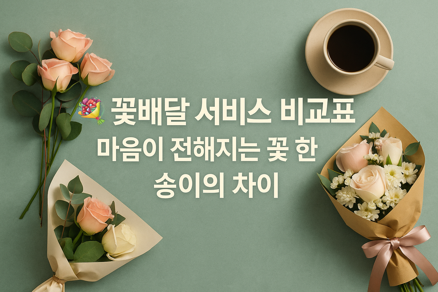 꽃배달 서비스 비교표, 민트톤 배경 위에 포장된 장미꽃다발과 커피잔이 어우러진 감성 썸네일 이미지 ❘ 마음이 전해지는 꽃 한 송이의 차이