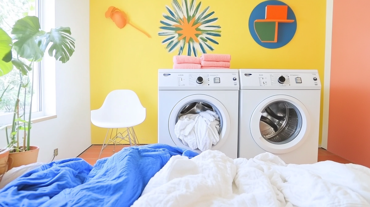 겨울 이불과 같은 대형 세탁물을 효율적으로 처리하는 세탁기가 넓은 세탁실에서 실용적으로 설치되어 있습니다.