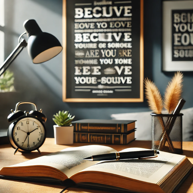 책상 위에 열린 책과 펜이 놓여 있고, 배경에는 동기부여 문구가 적힌 포스터가 걸려 있는 장면