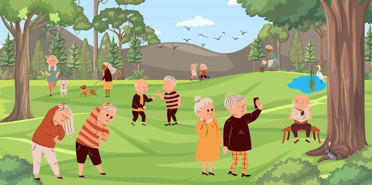 공원에서 여가를 보내고 있는 노인들