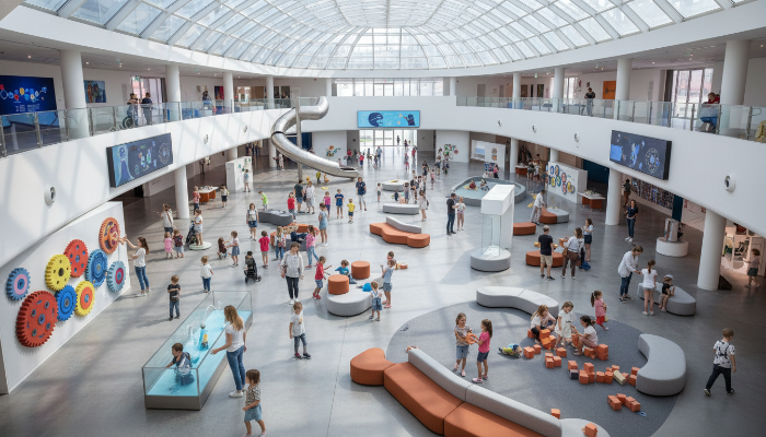 아이들이 국립과천과학관이나 삼성어린이박물관에서 즐겁게 체험 활동을 하는 모습. 밝고 넓은 실내 공간에서 가족들이 과학 및 역사 전시를 관람하고 있다.