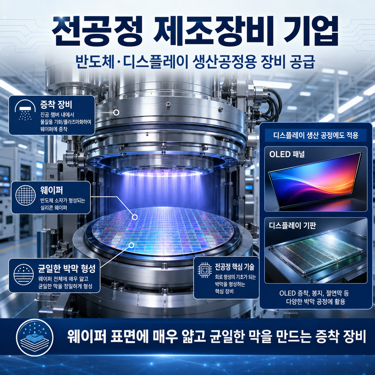 반도체와 디스플레이 생산공정에 필요한 제조장비를 공급하는 국내 대표 전공정 장비기업입니다.
반도체 웨이퍼 표면에 매우 얇고 균일한 막을 만드는 증착 장비가 주요 사업이미지