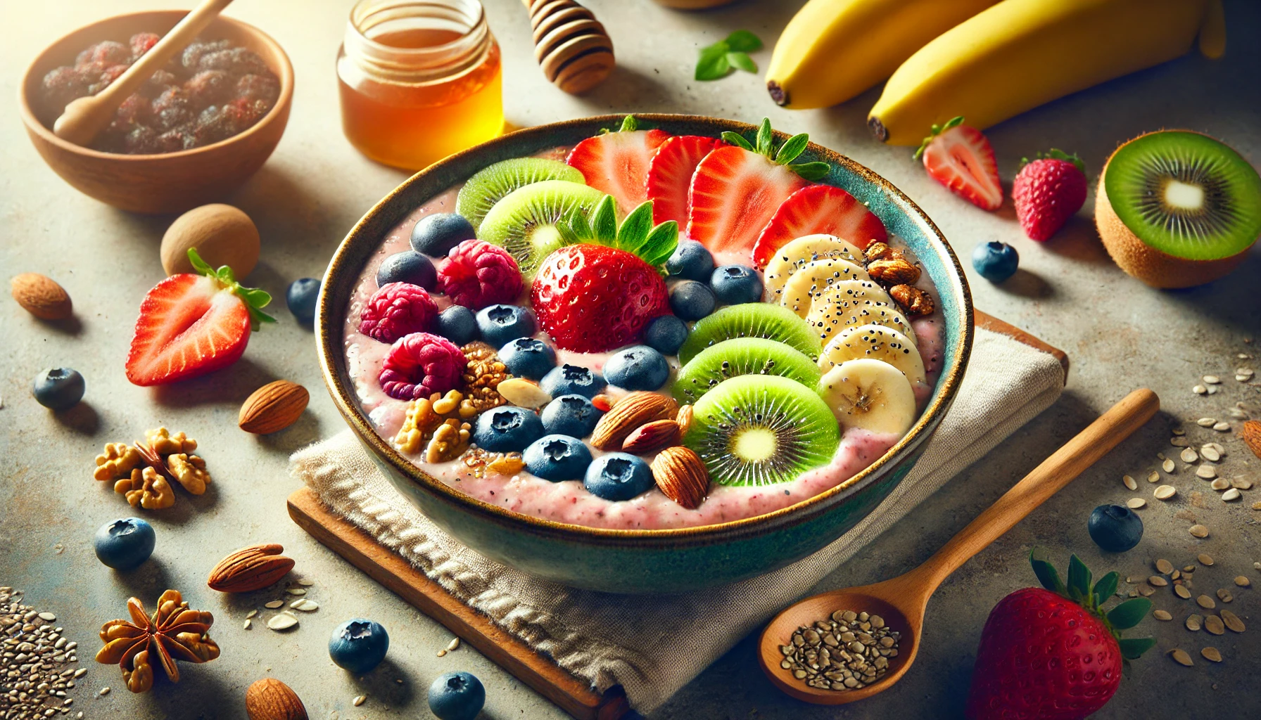 다채로운 과일과 견과류가 담긴 오트밀 스무디볼의 모습