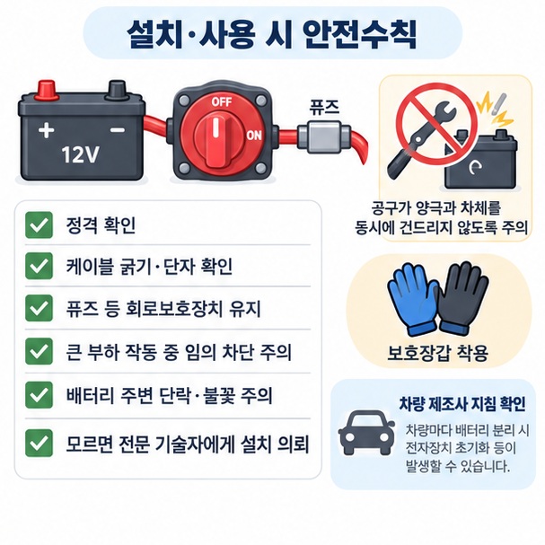 배터리 차단 스위치 사용 시 정격과 케이블, 퓨즈, 큰 부하 작동 여부를 확인하는 안전수칙 이미지