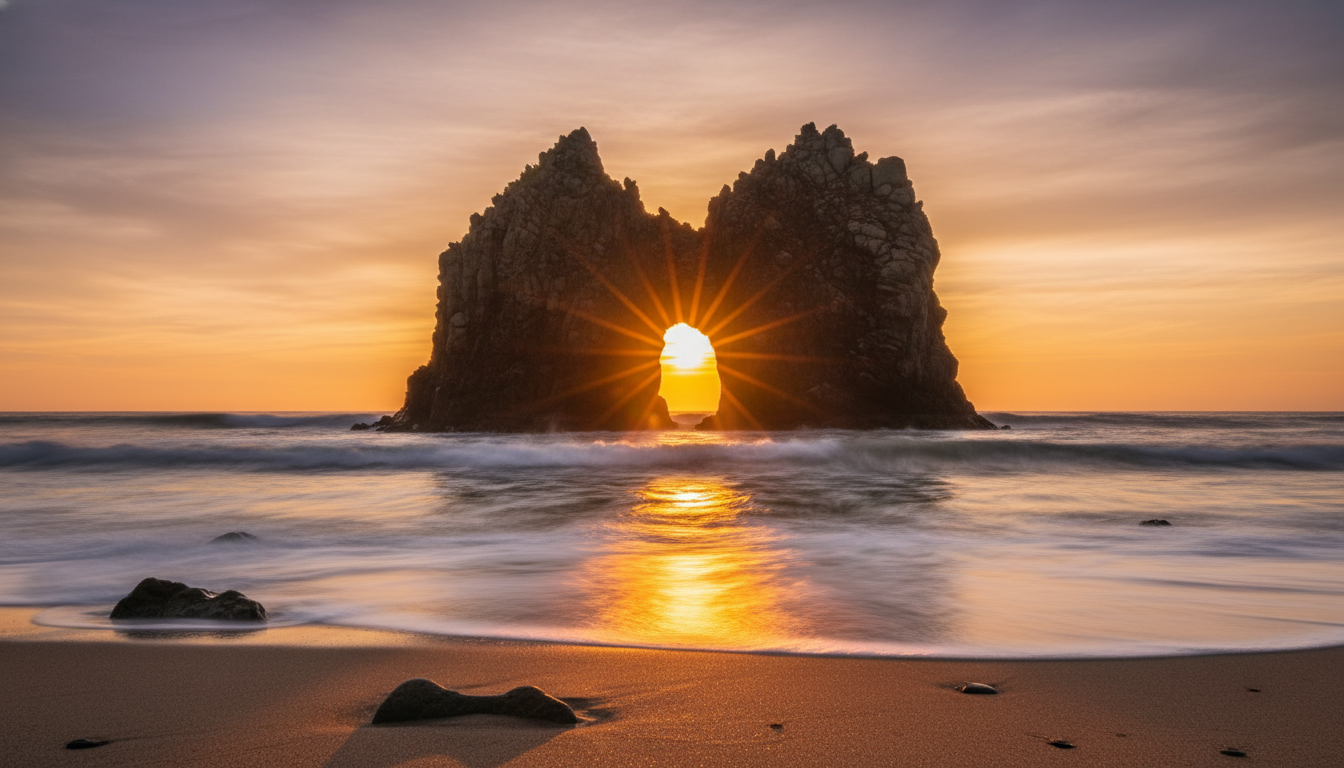 고성 공현진해수욕장 수옵바위 사이로 떠오르는 붉은 태양과 파도