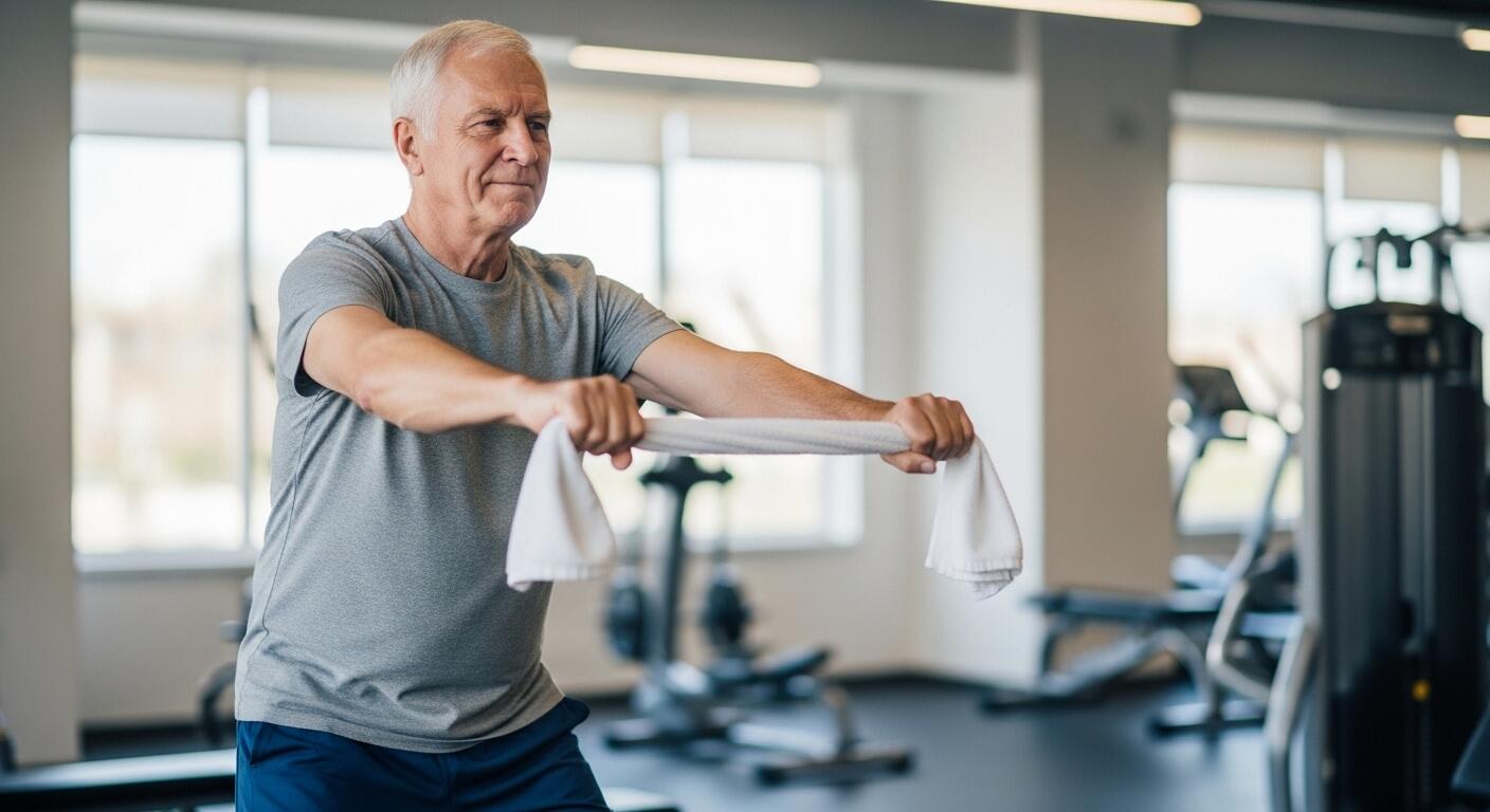 시니어가 수건을 잡고 위아래로 당기는 모습