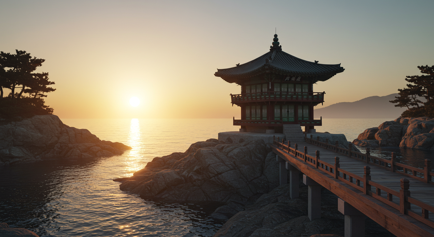 속초 영금정 정자에서 바다 위로 떠오르는 일출 풍경