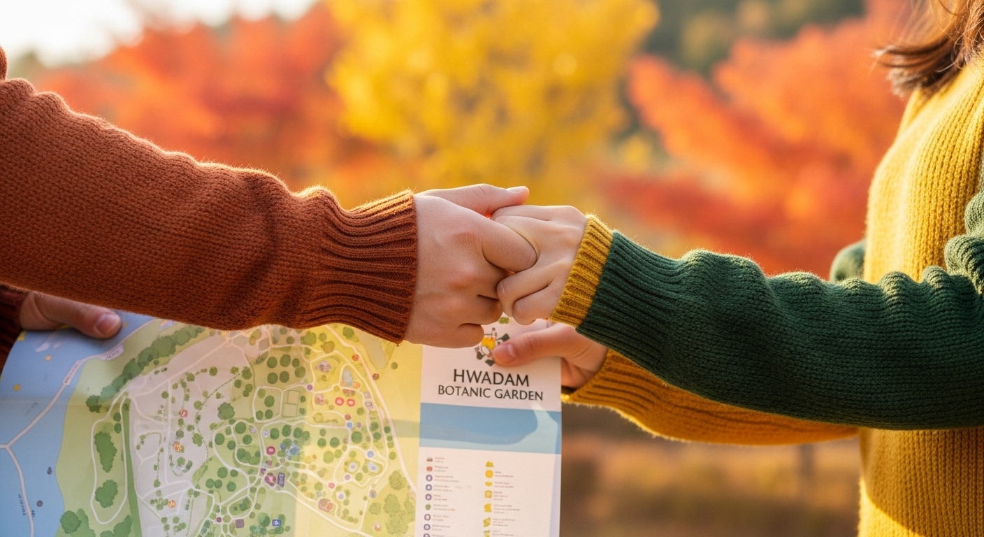 가을 스웨터를 입은 연인이 화담숲 지도를 함께 보며 손을 잡고 있는 모습. 다정한 손길이 가을 데이트의 설렘을 표현합니다.