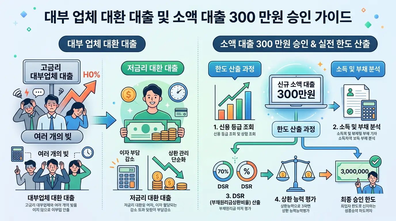 대부 업체 대환 대출 및 소액 대출 300 만원 승인 실전 한도 산출