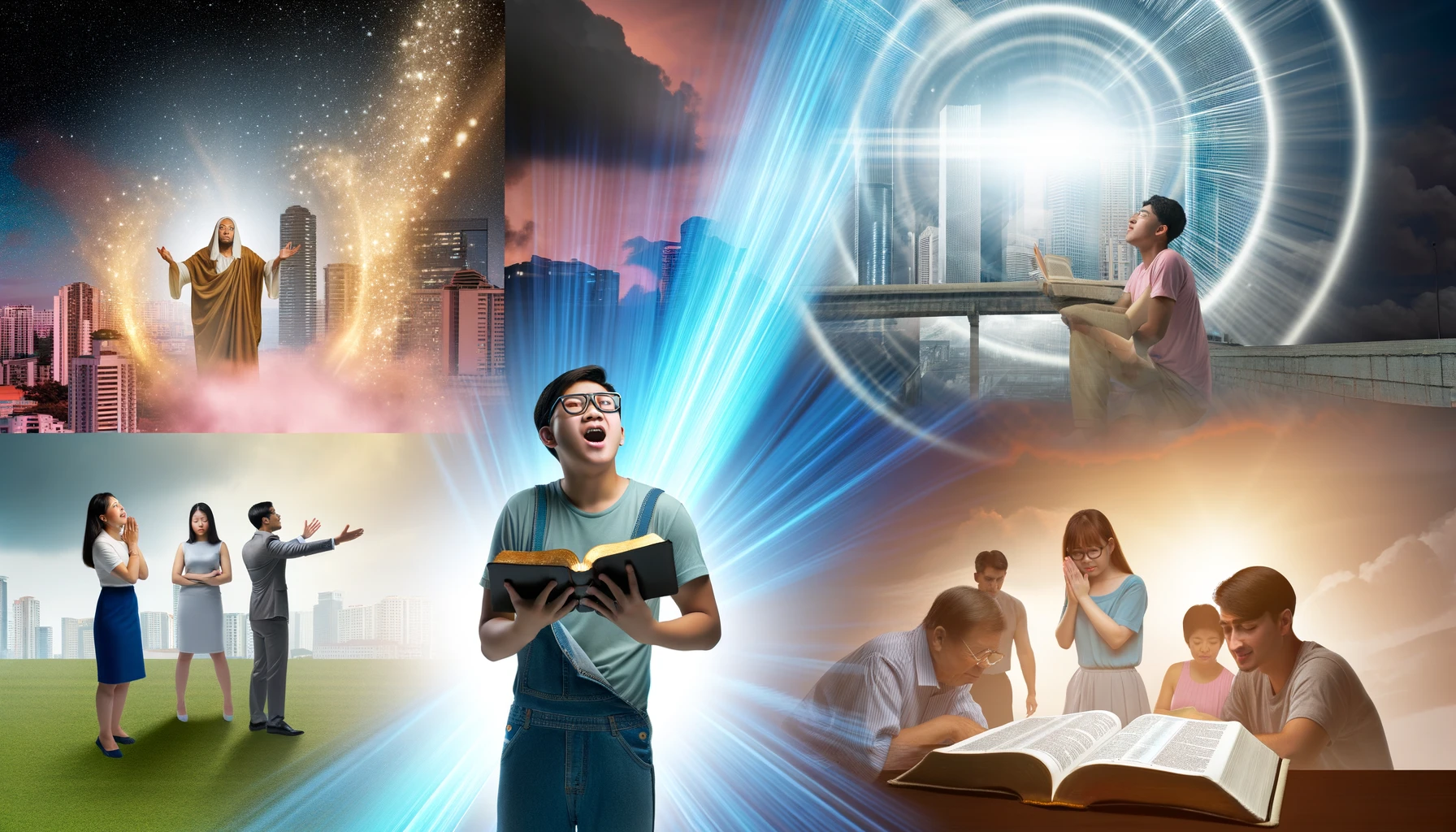 현대인이 하나님의 위대하시고 전능하신 능력을 경험하며, 영혼들에게 하나님의 능력을 전하고 성경 말씀과 하나님을 전하는 모습을 그린 이미지입니다.