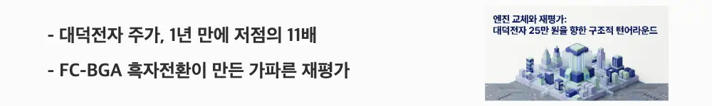 '대덕전자 주가, 1년 만에 저점의 11배'라는 문구가 포함된 웹배너 이미지. 이 이미지는 FC-BGA 흑자전환에 따른 대덕전자 주가의 가파른 재평가를 시각적으로 전달하며, 블로그의 대덕전자 주가 흐름 주제와 관련된 내용을 설명함