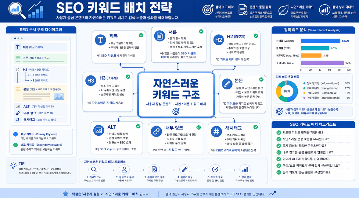 제목 서론 H2 H3 본문 ALT 내부 링크에 키워드를 자연스럽게 분산하는 SEO 글쓰기 전략 이미지