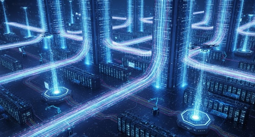 케이엠더블유 주가 전망 관련 이미지(화려하게 빛나는 서버룸과 기지국 사이로 방대한 양의 AI 데이터 스트림이 쏟아지는 모습을 표현한 미래지향적 이미지)