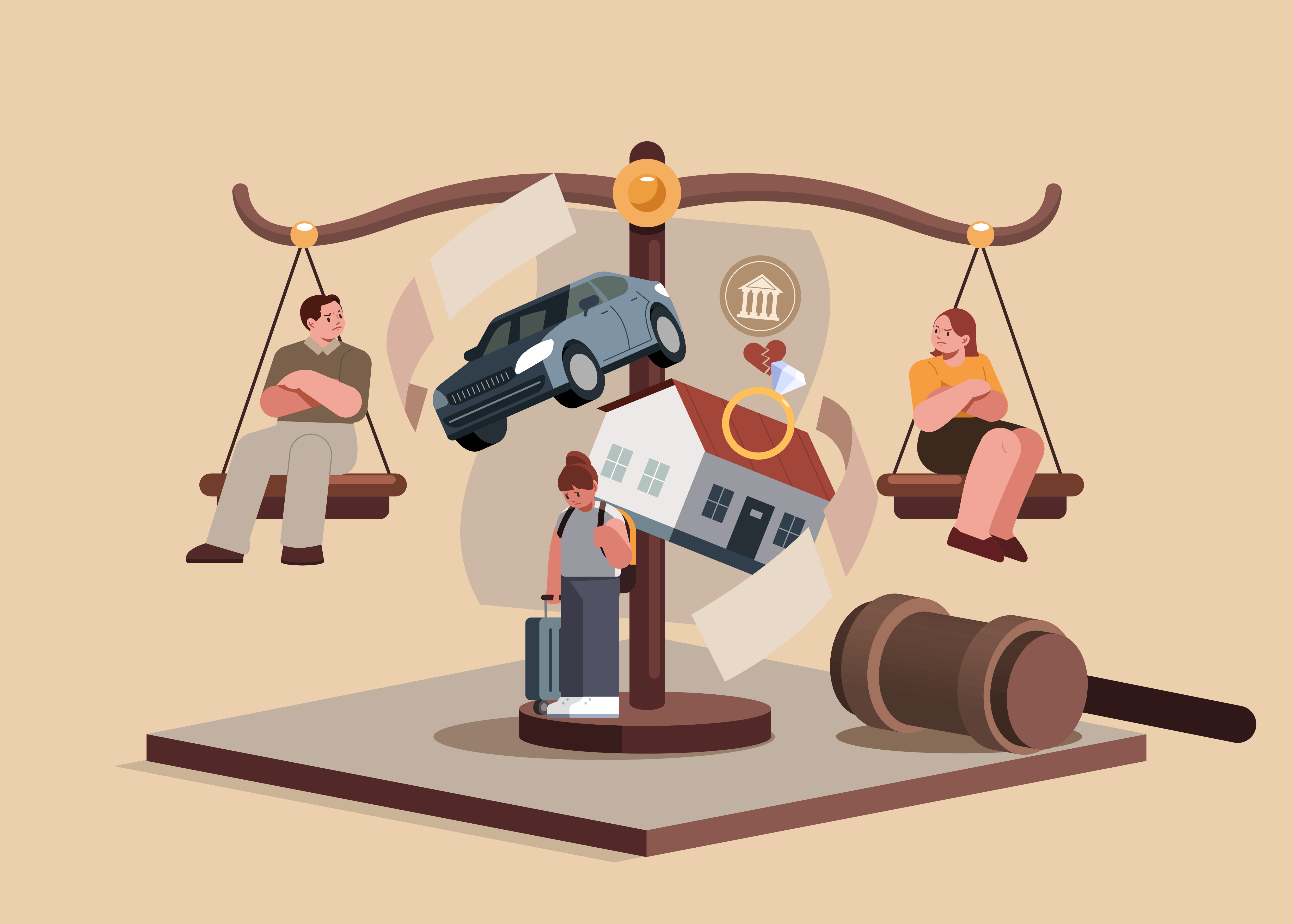 이혼합의서 없이 이혼할 경우 재산분할 문제와 위자료 갈등을 상징하는 저울과 다양한 재산 이미지