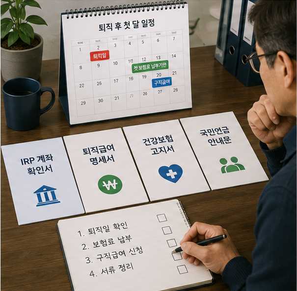 퇴직 후 해야 할 일 가운데 퇴직 당일부터 첫 달까지 처리할 IRP 건강보험 국민연금 일정