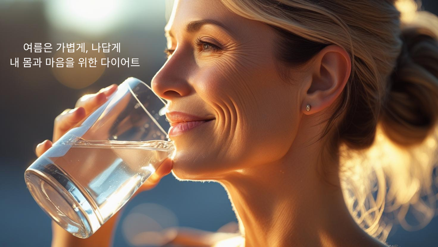 햇살 속에서 물을 마시는 40~50대 여성의 옆모습