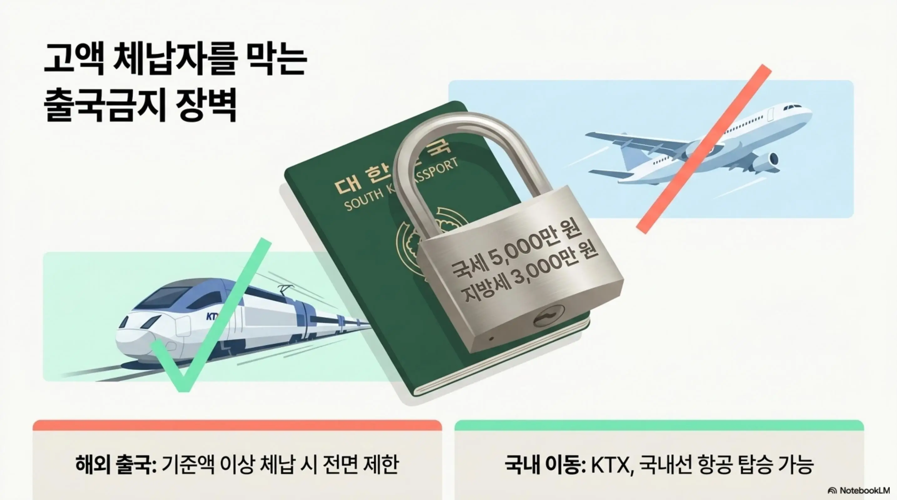 세금체납 통장압류 피하는법: 고액 체납자를 막는 출국금지 장벽이라는 제목의 인포그래픽. 대한민국 여권에 국세 5000만 원 지방세 3000만 원이라 적힌 자물쇠가 채워져 있고 해외 출국 항공기에는 금지 표시가 있으며 국내 이동인 케이티엑스와 국내선 항공 탑승은 가능함을 보여주어 블로그의 세금 체납 출국금지 기준과 관련된 내용을 설명함 