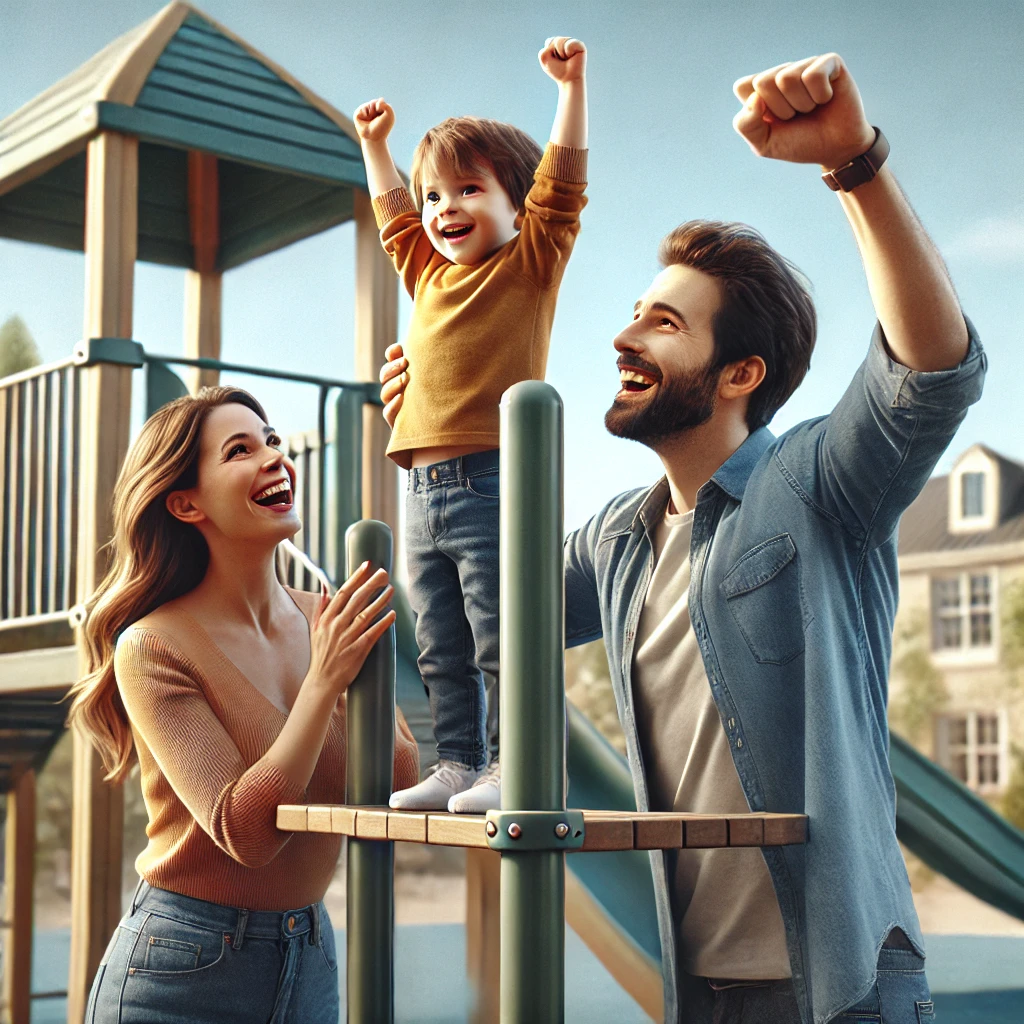 놀이터에서 함께 놀며 성취의 순간을 축하하는 가족의 모습. 아이가 놀이 구조물 꼭대기에 성공적으로 오른 후 부모가 환호하는 활기찬 장면