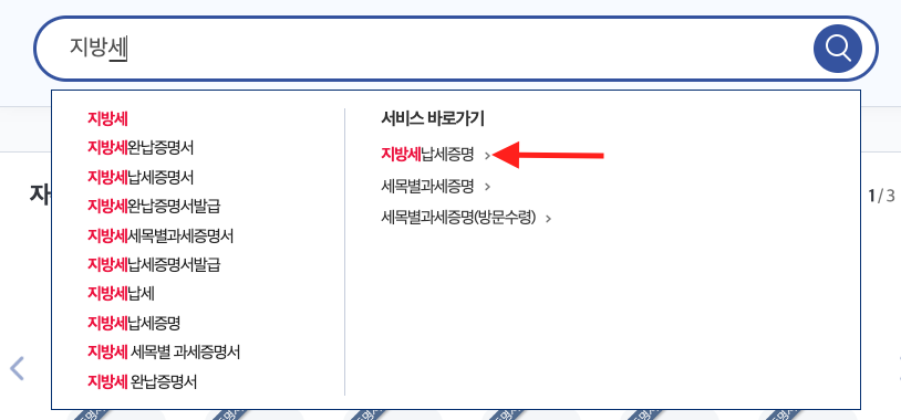 검색창에 지방세 입력하기
