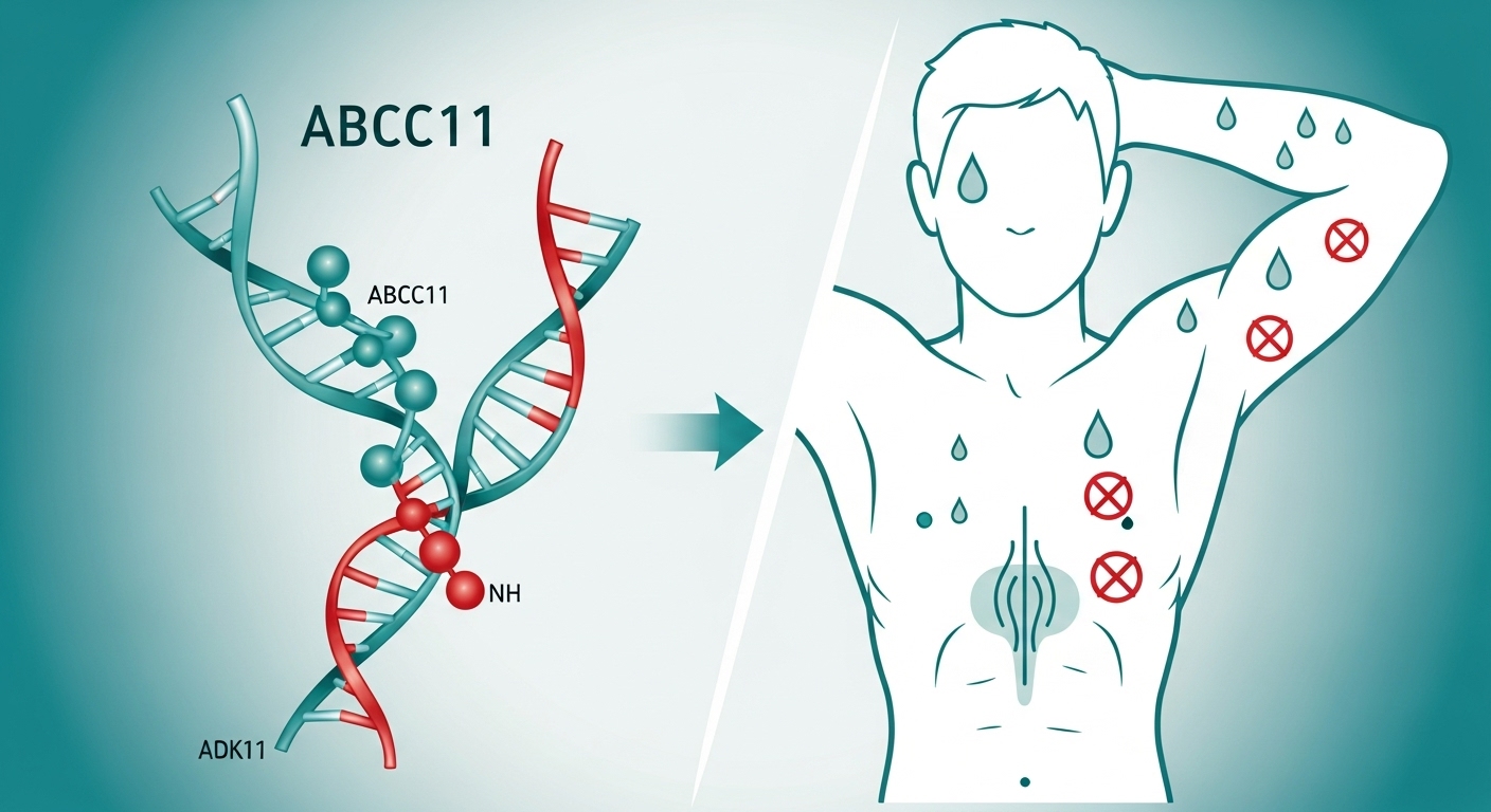 ABCC11 유전자와 땀샘의 연관성을 시각적으로 표현한 과학 일러스트. 유전적 차이에 따른 체취의 강도 차이를 보여줌.