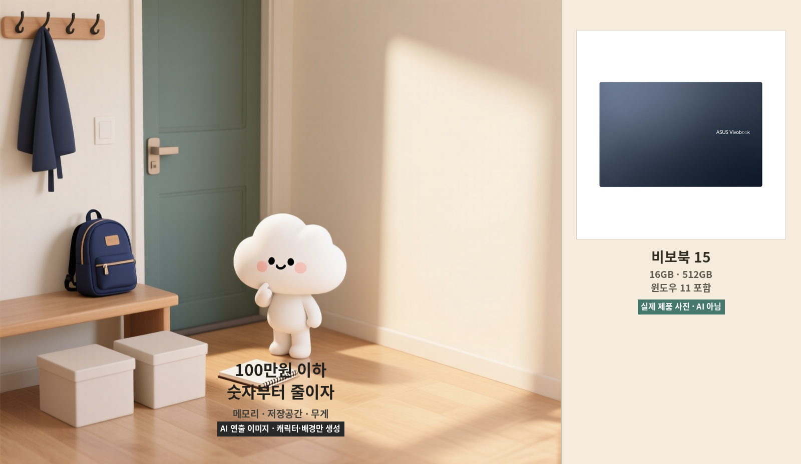 책가방과 수납함을 비교하는 AI 캐릭터 옆에 에이수스 비보북 15 실제 제품 사진을 배치한 이미지