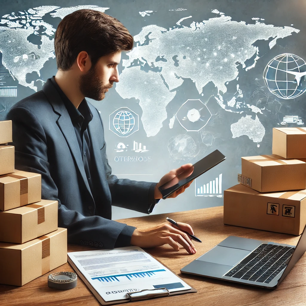 해외 직구 및 구매 대행 사업을 운영하는 사람이 국제 배송 상자를 관리하는 모습