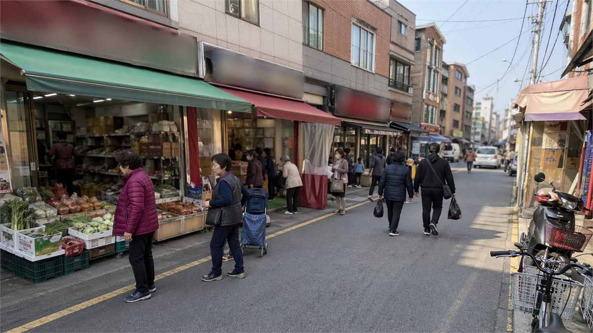 동네 시장 거리에서 지역 상권 사용처 분위기를 보여주는 장면 