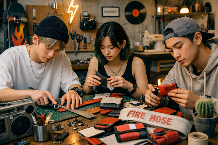 업사이클링 원데이 클래스에 참여하여 직접 제품을 제작하는 청년들의 모습.