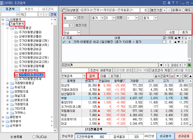 종가가 이동평균 5일 선 위에 있는 조건 검색