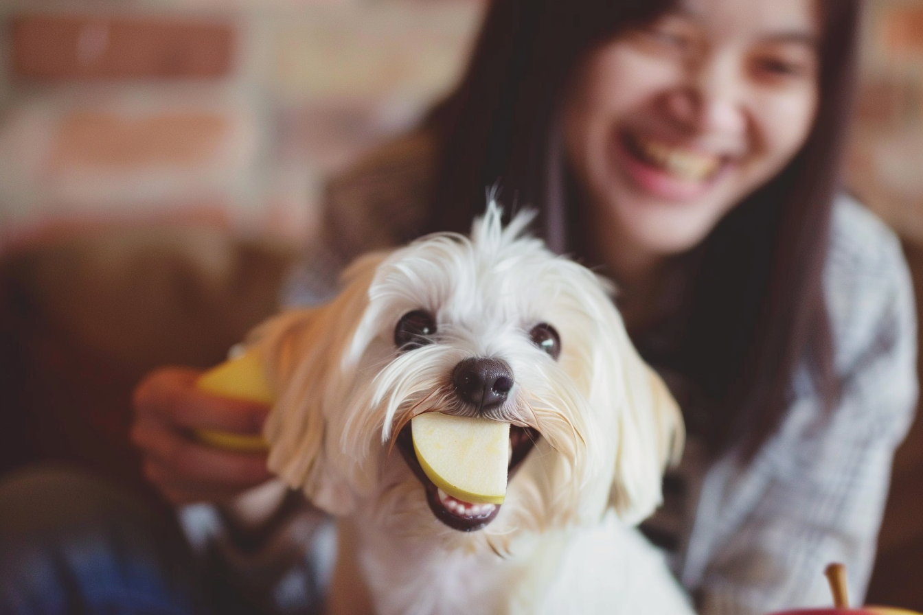 a Maltese dog enjoying a piece of apple
