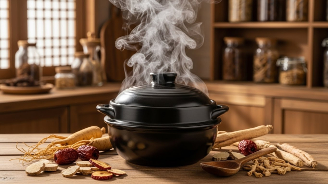 전통 약탕기에서 보약이 달여지는 모습