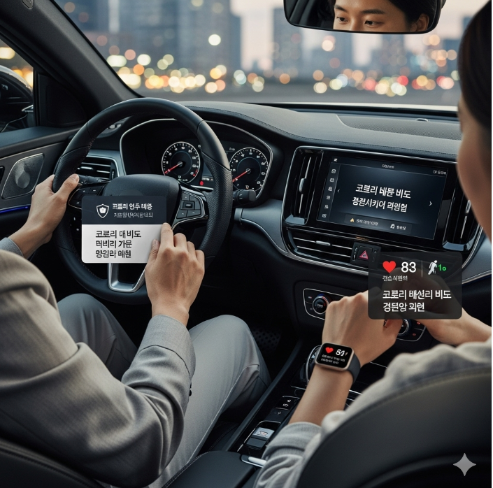 한 사람은 자동차 내부의 데이터를, 다른 한 사람은 스마트워치에서 측정된 심박수와 걸음 수를 확인하고 있다. 두 개의 화면에 각각 자동차보험과 건강보험의 보험료 절감 메시지가 표시되어 있다