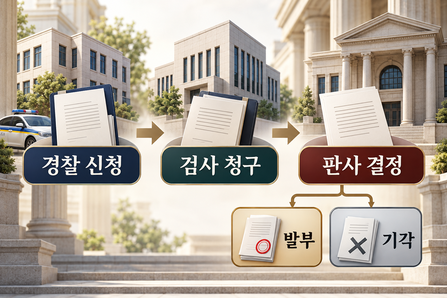 경찰 신청에서 검사 청구를 거쳐 판사가 발부 또는 기각을 결정하는 순서