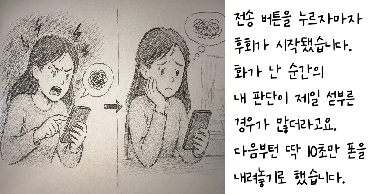 스마트폰 메신저 화면을 보며 화를 내는 모습과 잠시 멈추고 차분하게 마음을 가라앉히는 모습을 대조하여 보여주는 이미지