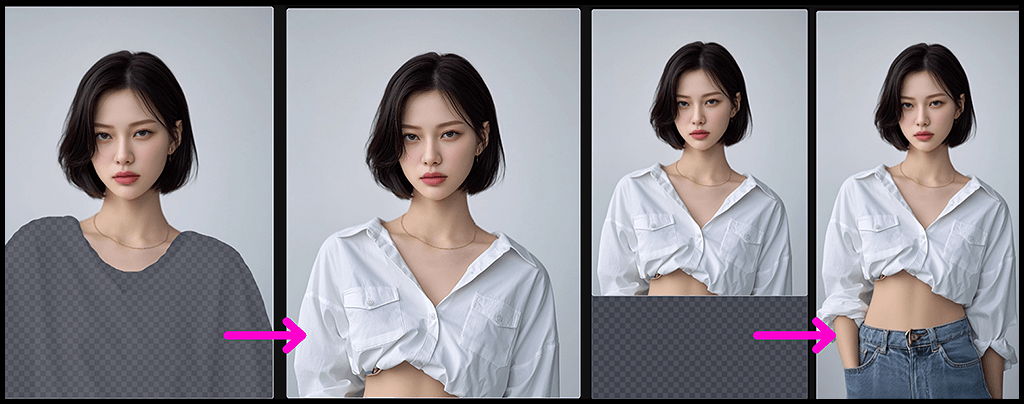 여성 모델이 크롭 셔츠와 데님진을 착용한 의상으로 수정한 룩북 이미지_Midjourney