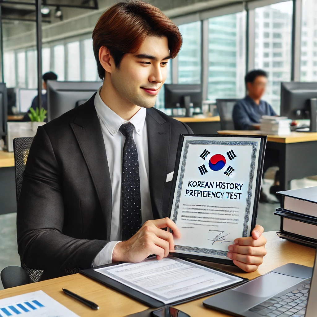 기업 사무실에서 한국사 능력 검정시험 합격증을 포함한 문서를 검토하는 젊은 직장인의 모습. 책상은 정돈되어 있으며&amp;#44; 주변은 바쁜 사무 환경