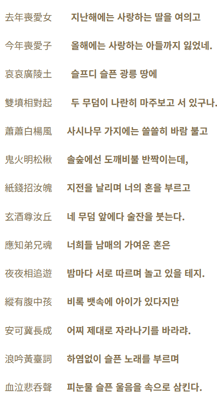 아들의죽음을 슬퍼한다는 뜻의 시 곡자
두아이를 잃은 슬픔을 표현