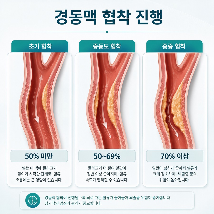 경동맥 협착 정도에 따라 혈류 통로가 점차 좁아지는 모습을 보여 주는 의료 인포그래픽