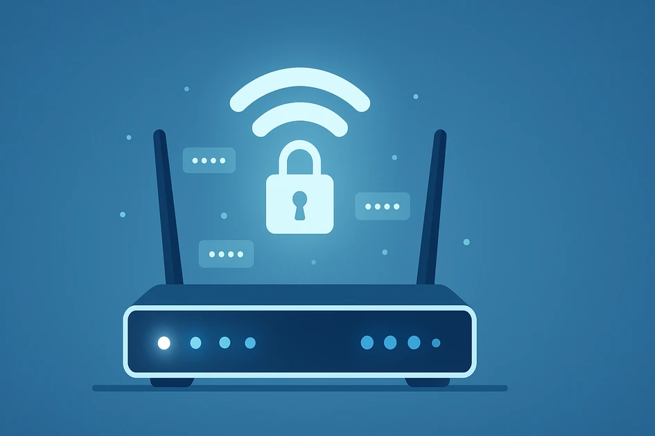 Wi-Fi router default password and security settings guide illustration showing router with password protection