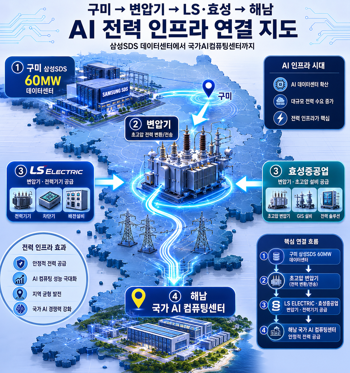 "삼성SDS 구미&middot;해남 AI 데이터센터와 LS ELECTRIC&middot;효성중공업 전력 인프라 공급망 연결 한국 지도"