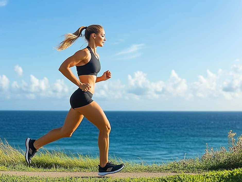 이 사진은 한 여성이 바닷가 근처에서 달리고 있는 모습을 담고 있습니다. 그녀는 검은색 스포츠 브라와 짧은 운동 반바지를 입고 있으며, 검은 운동화를 신고 있습니다.
그녀는 머리를 하나로 묶어 포니테일 스타일을 하고 있으며, 귓속에 작은 무선 이어폰을 끼고 있습니다. 뛰는 동작에서 다리는 앞으로 힘차게 뻗었고, 팔은 리드미컬하게 움직이며 균형을 잡고 있습니다.
배경은 푸른 바다가 넓게 펼쳐져 있으며, 하늘은 맑고 파란색으로 구름이 조금 떠 있습니다. 그녀가 달리는 길가에는 초록색 풀과 작은 식물들이 자라고 있습니다.
전체적으로 건강하고 활기찬 분위기를 담고 있으며, 해변을 따라 운동하는 자유롭고 상쾌한 느낌을 주는 장면입니다.