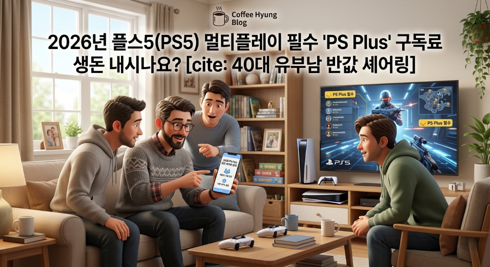 플레이스테이션 구독료 절약방법을 친구에게 설명하는 모습의 캐릭터 이미지